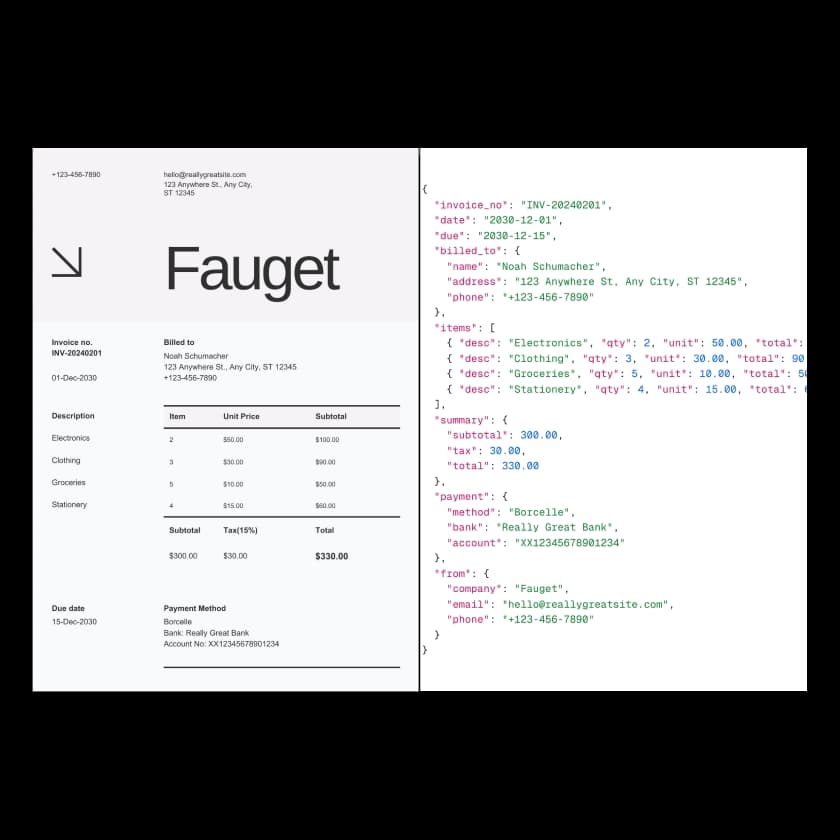 Before/after: cluttered PDF vs. structured spreadsheet
